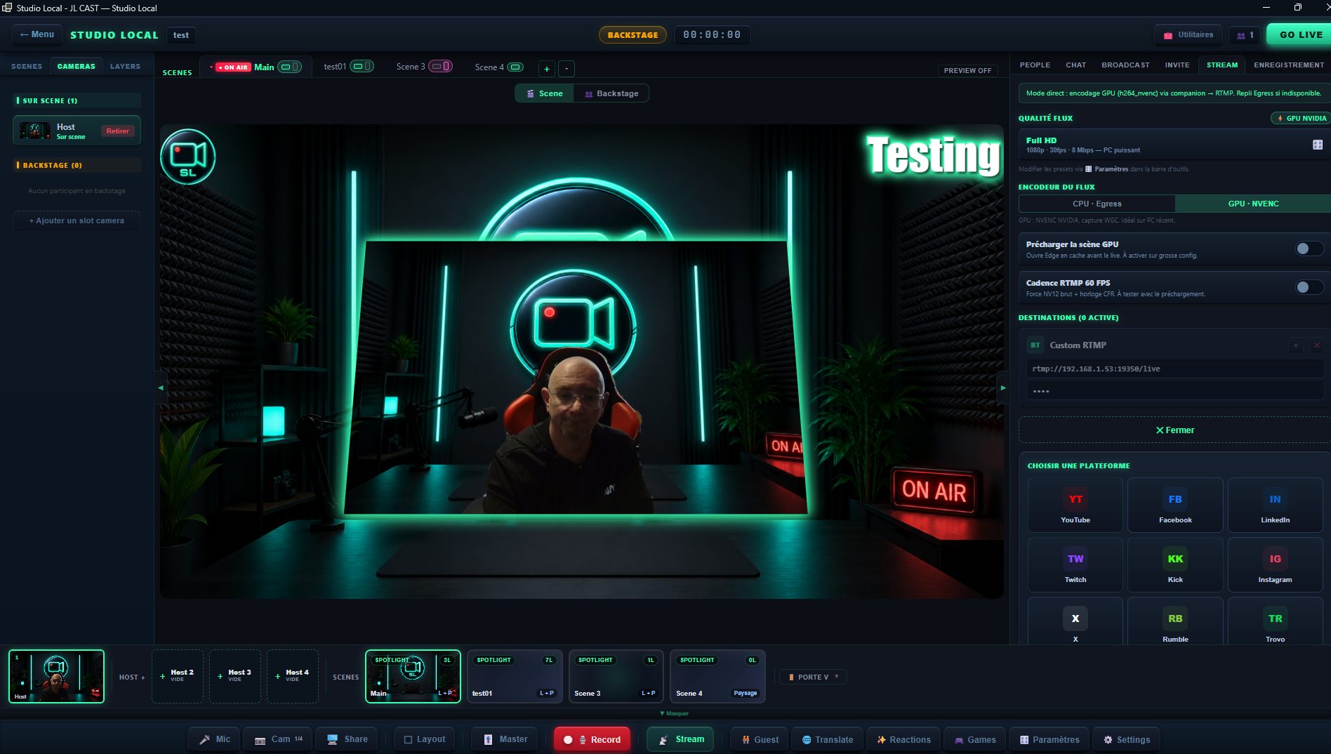 Panneau Stream : choix de l'encodeur CPU ou GPU et preset de qualite
