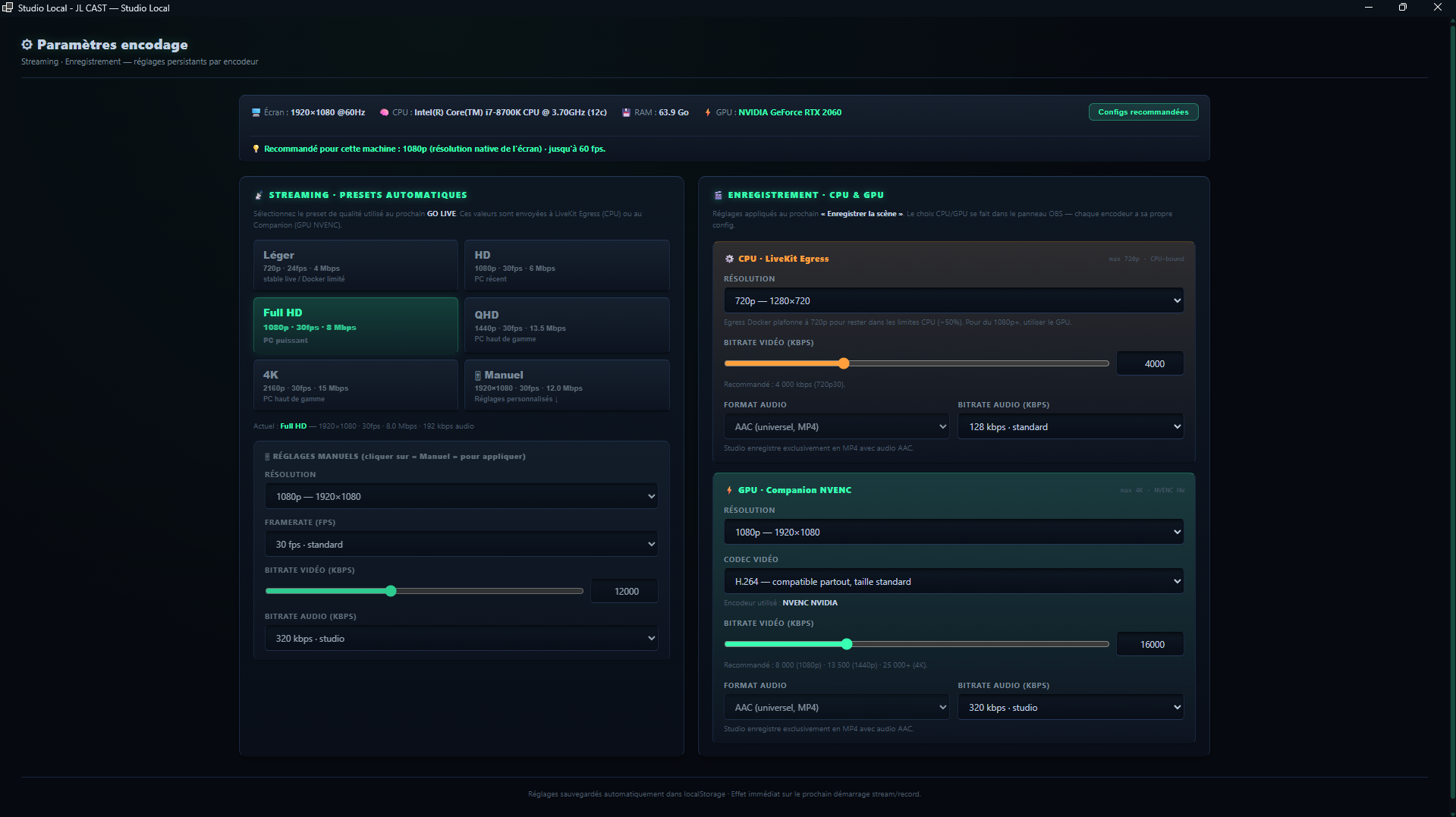 Fenetre Parametres encodage : presets de qualite et reglages CPU et GPU