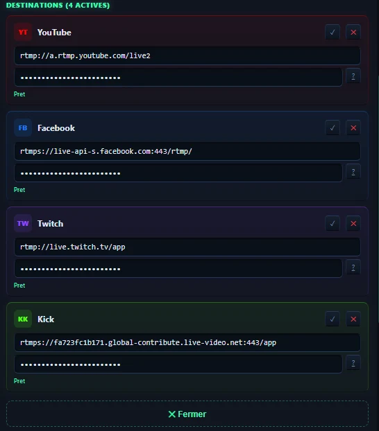 Quatre destinations actives simultanément : YouTube, Facebook, Twitch et Kick, chacune avec son URL RTMP et sa clé masquée