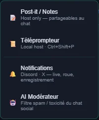 Menu Utilitaires : Post-it / Notes, Téléprompteur, Notifications et AI Modérateur