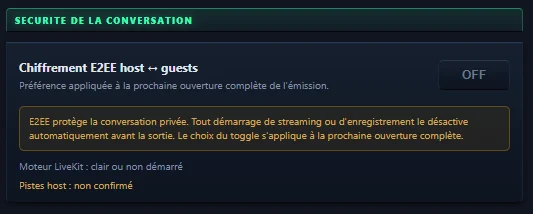 Interrupteur Chiffrement E2EE host vers guests sur OFF, dans la section Sécurité de la conversation des paramètres avancés