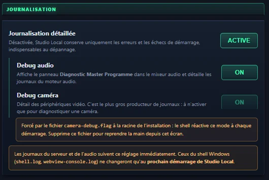 Journalisation activée, avec le chemin du dossier de journaux
