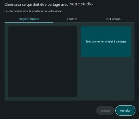 Sélecteur de partage du navigateur côté invité, avec les onglets Onglet Chrome, Fenêtre et Tout l’écran