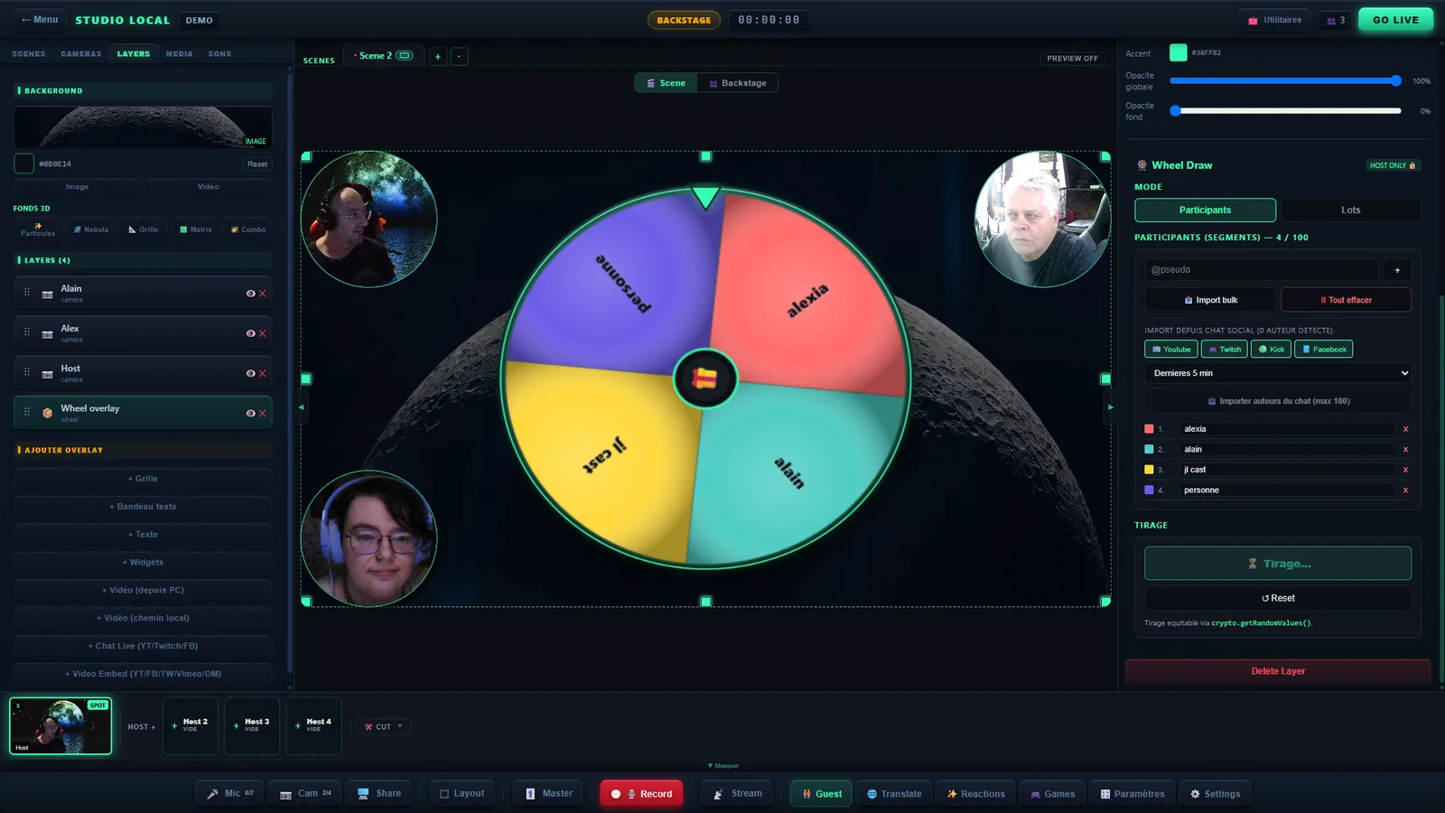 La roue a l’antenne cote regie, avec le panneau de tirage : mode Participants ou Lots, liste des segments et import des auteurs du chat social
