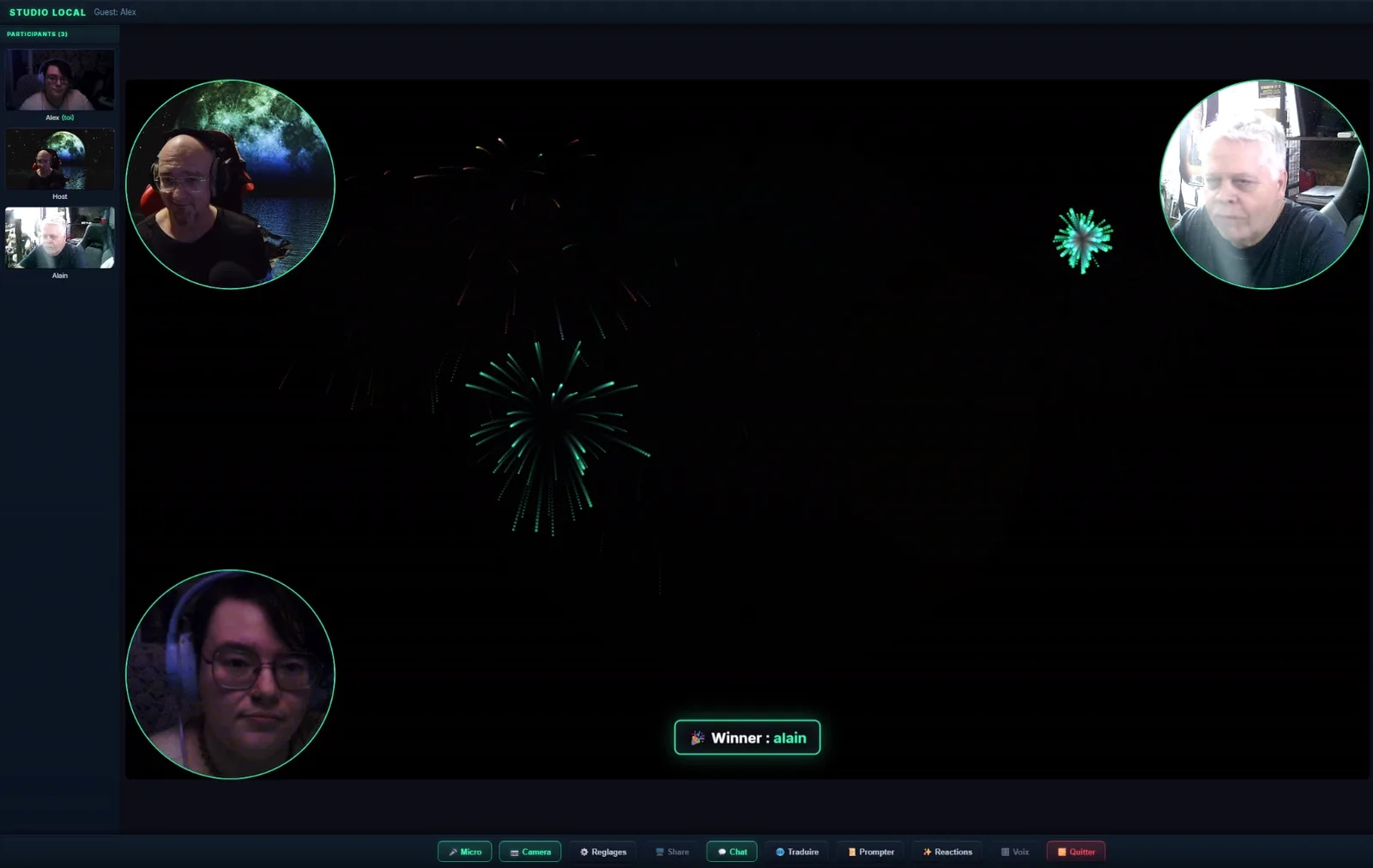 Le meme resultat vu par un invite : feux d’artifice et bandeau du gagnant sur la scene