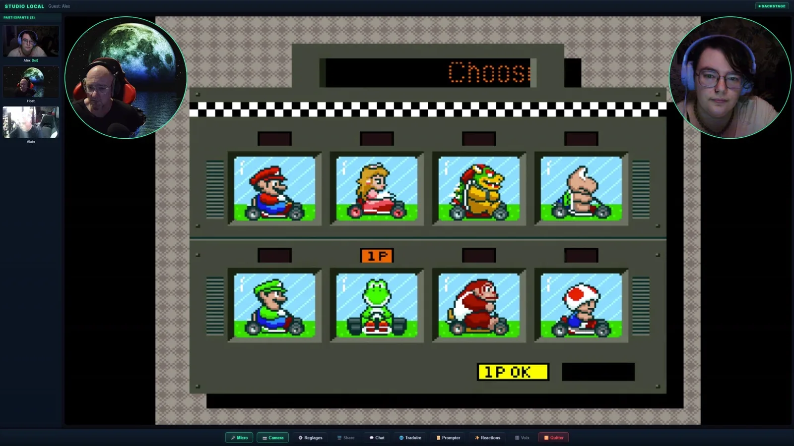 Ecran de selection des personnages du jeu retro, vu par un invite : le jeu s’affiche en scene et il choisit son personnage depuis son navigateur