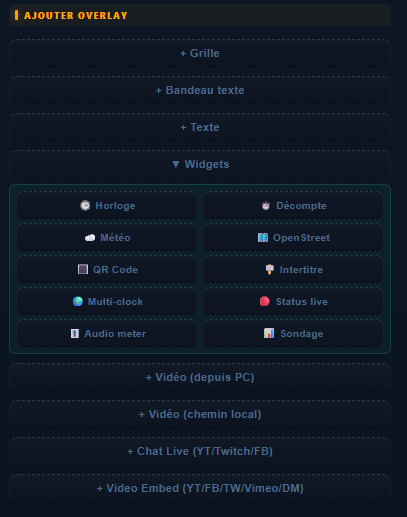 Liste des widgets disponibles