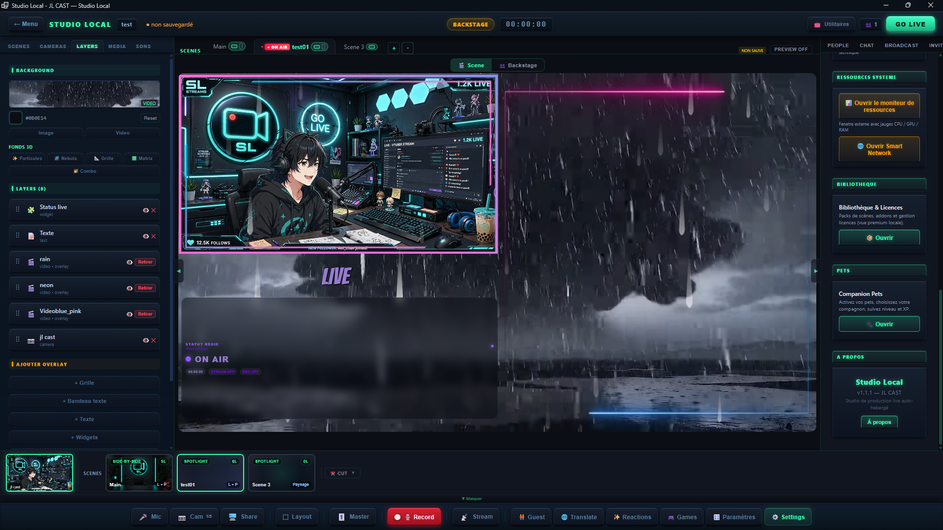 Interface de la régie Studio Local avec une scène composée