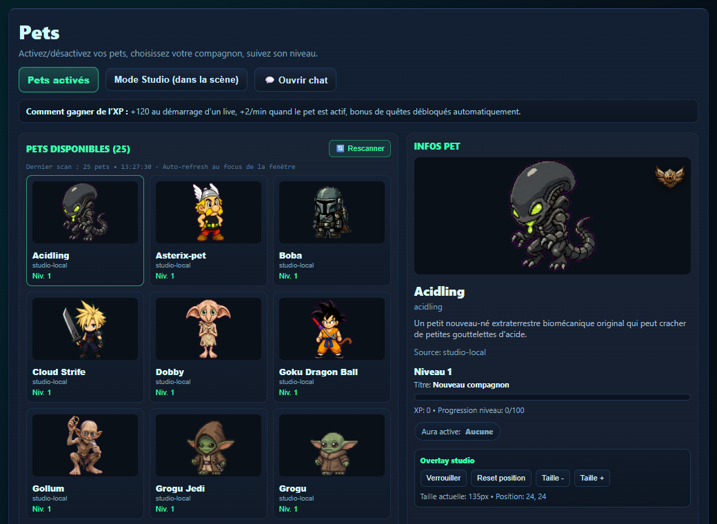 Panneau Companion Pets avec catalogue de compagnons IA