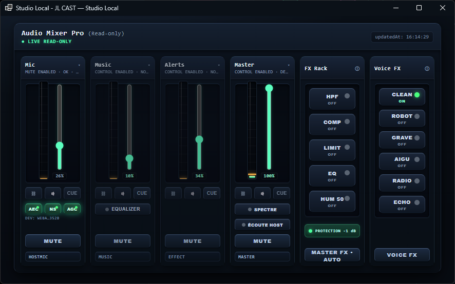 Audio Mixer Pro avec écoute Host et bouton Spectre