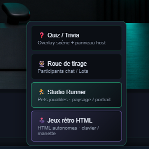 Menu Games déroulé : Quiz/Trivia, Roue de tirage, Studio Runner, Jeux rétro HTML