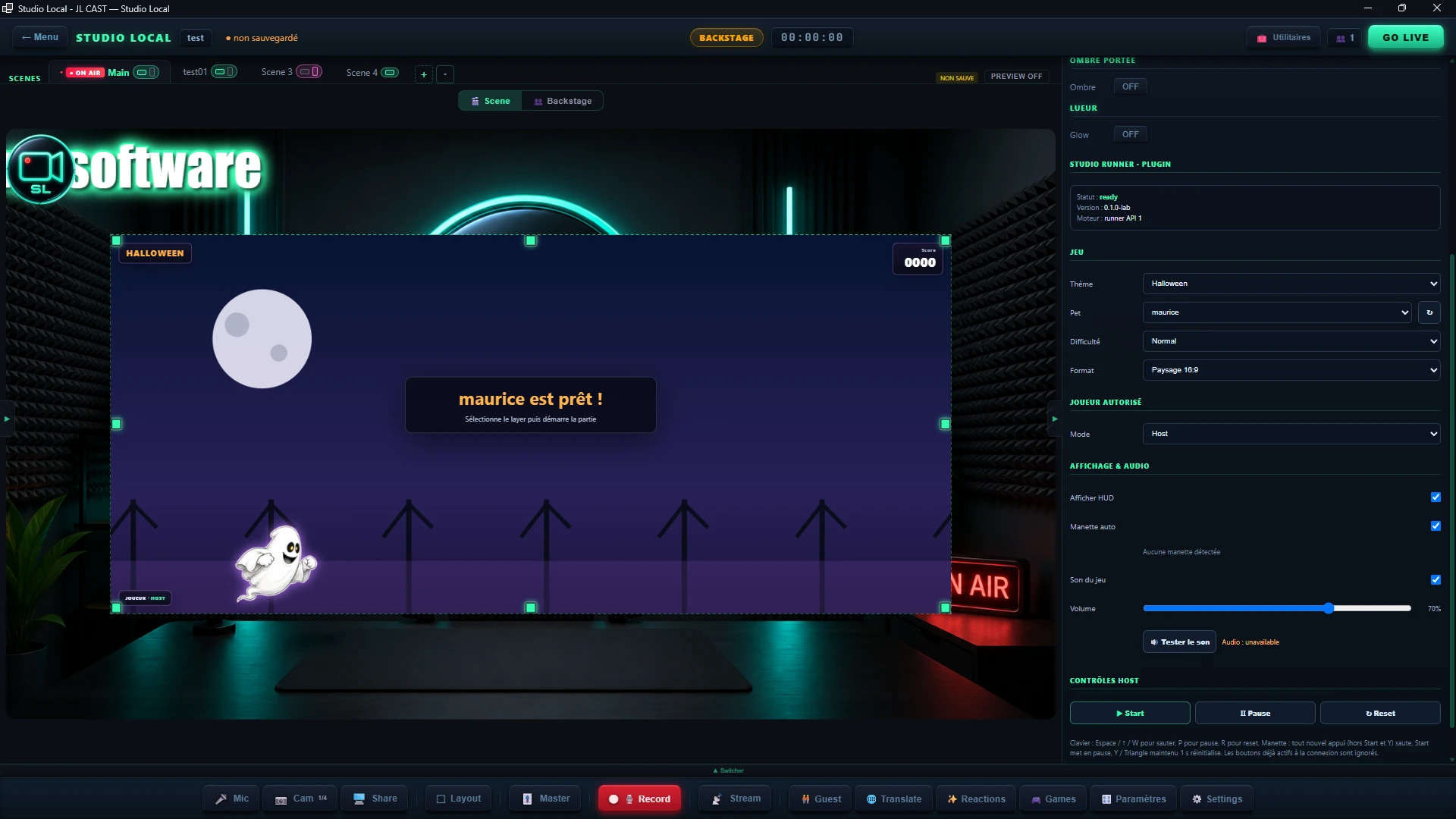 Panneau Studio Runner : thème Halloween, pet maurice, mode Host, réglages HUD/manette/son