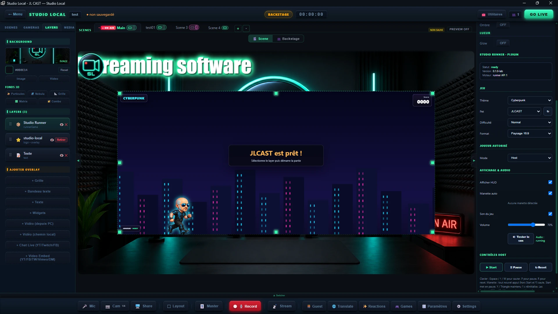 Studio Runner avec le thème Cyberpunk, un autre pet, et le test audio en cours (Audio : running)