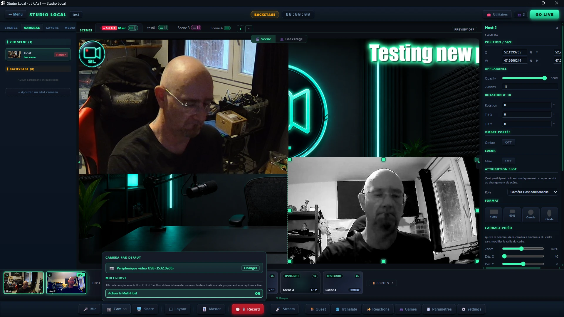 Panneau Cam : caméra par défaut, et section Multi-Host avec l'interrupteur sur ON