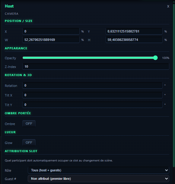 Haut des propriétés d'un layer caméra : position, opacité, z-index, rotation, ombre, lueur et attribution de slot