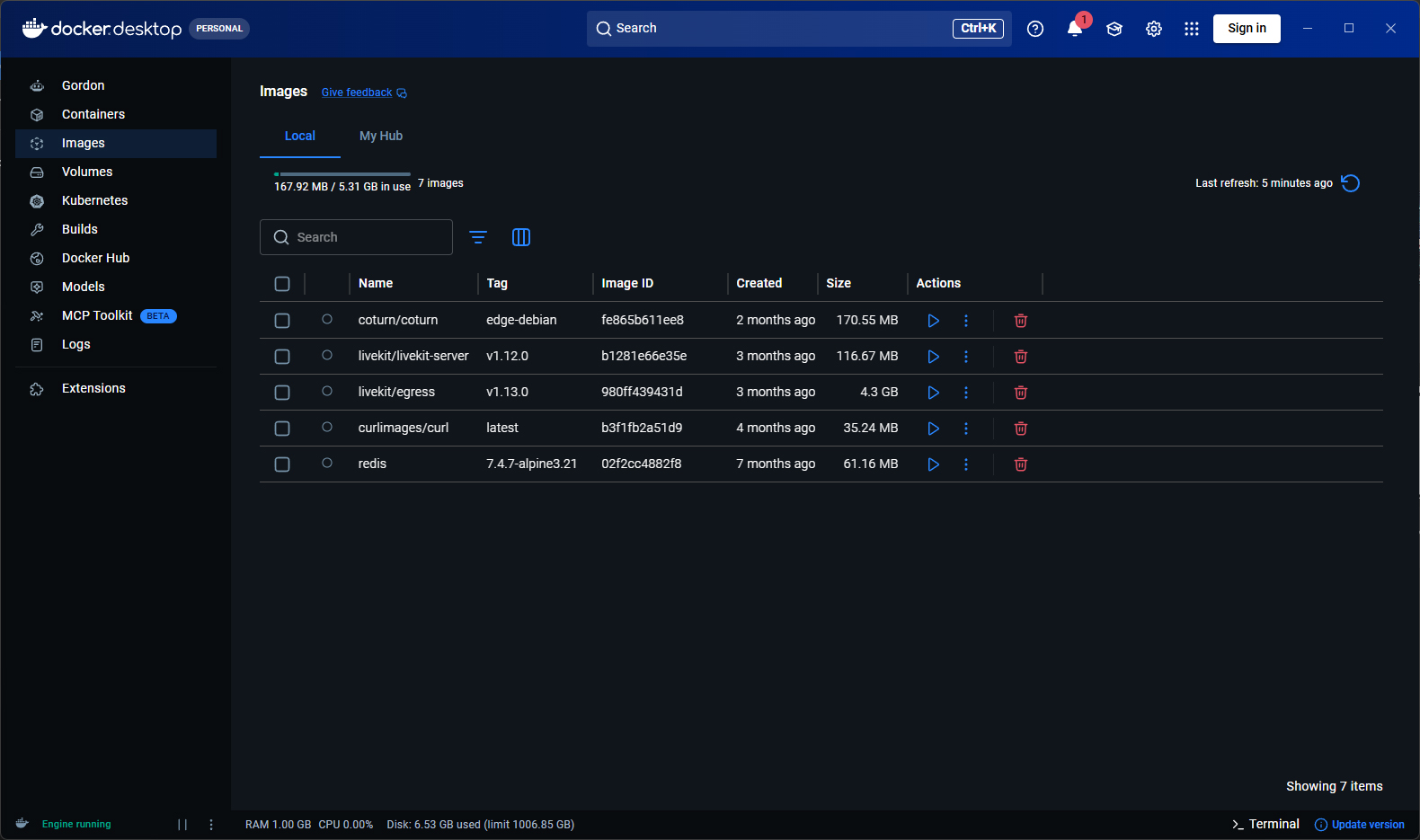 Docker Desktop, onglet Images, avec les conteneurs de Studio Local