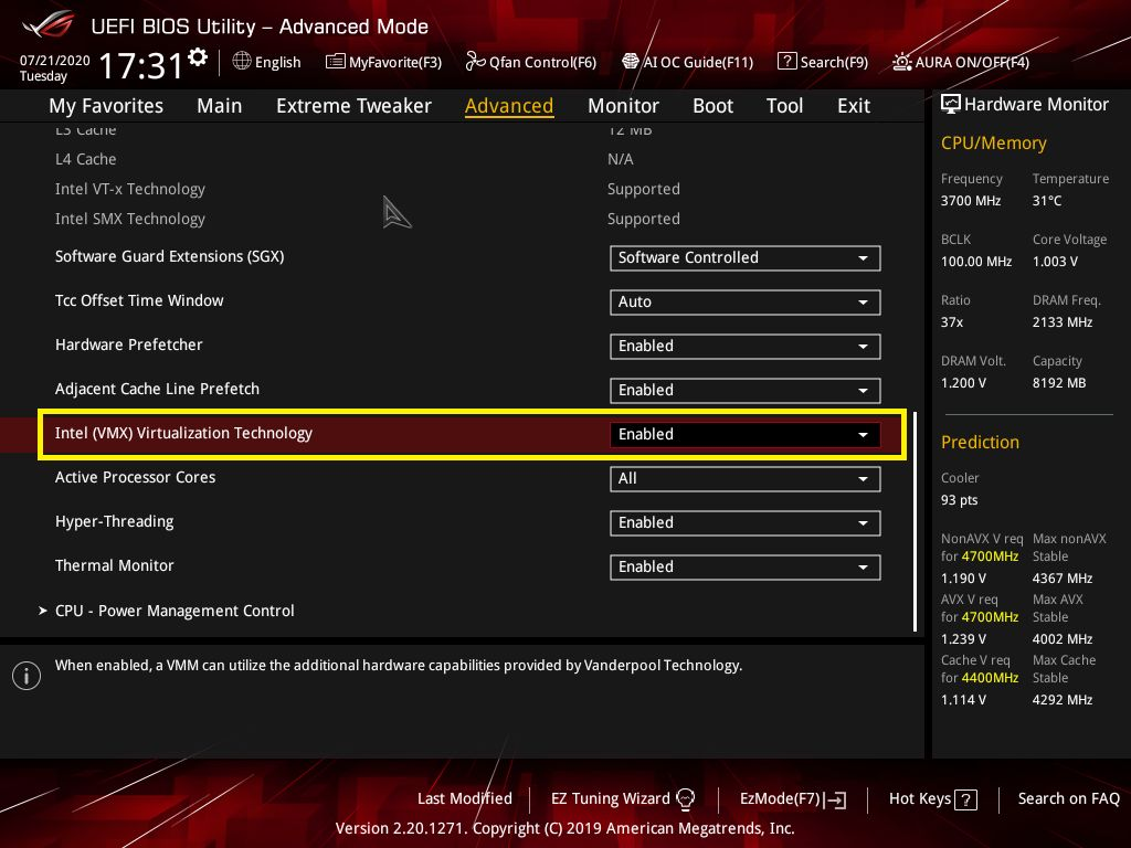 BIOS UEFI ASUS en mode avancé : l’option Intel (VMX) Virtualization Technology est réglée sur Enabled dans l’onglet Advanced