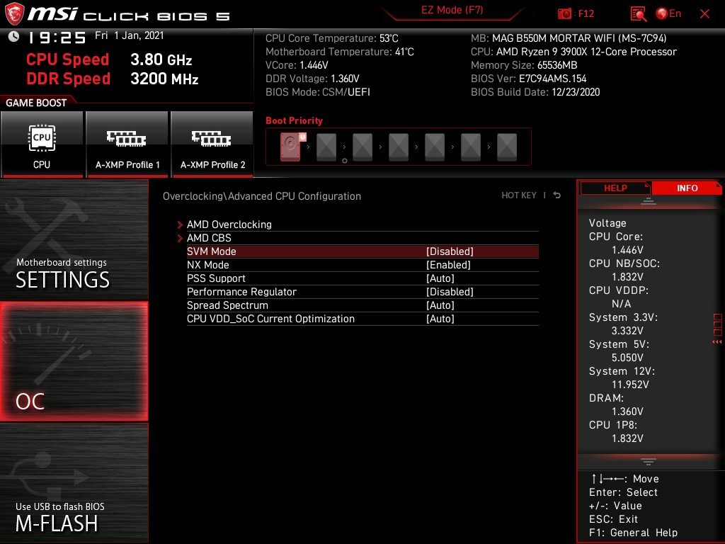 BIOS MSI Click BIOS 5 : l’option SVM Mode est sur Disabled dans le menu Overclocking, Advanced CPU Configuration